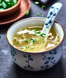 Warm, comforting homemade chicken soup garnished with fresh herbs in a ceramic bowl.