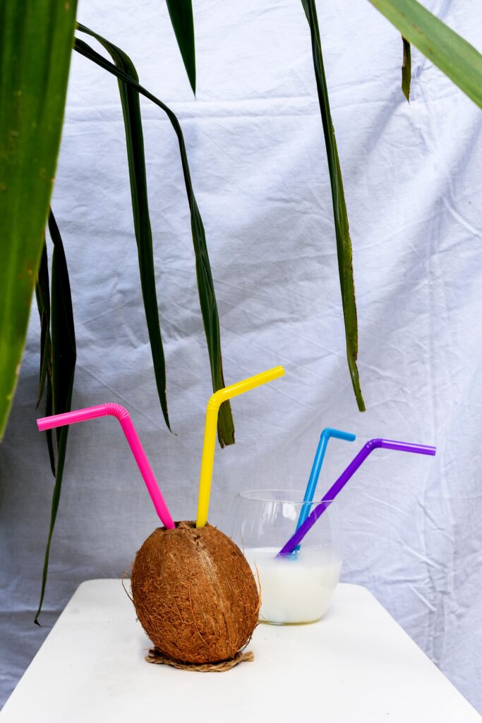 Tropical-themed coconut drink setup, perfect for summer vibes.
